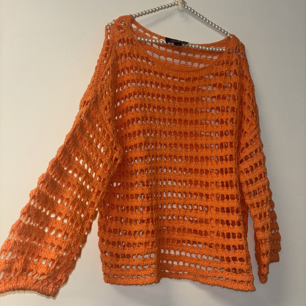 Day Trip Sweater Sz Sm Orange y2k Knit Crochet Ballon Sleeve Winter Fall Layerin - Picture 2 of 8
